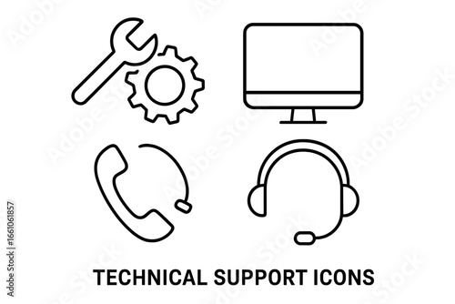 Technical support icons vector set. Outline illustration of helpline concepts with wrench and gear, computer monitor, telephone and headset. Customer assistance, service tool, call center equipment.