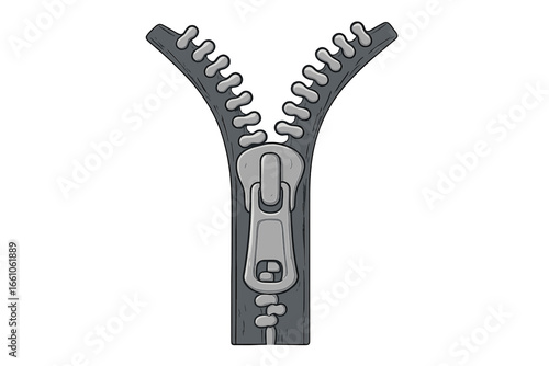 Open zipper vector illustration. Cartoon zip fastener graphic for fashion and textile. Clothing accessory concept for sewing, tailor supplies. Metal puller and slider mechanism.