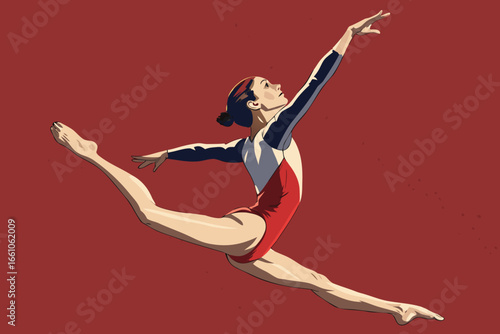 Capturing a powerful gymnast in a flawless mid-air split leap, executing acrobatic elegance.
