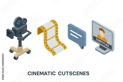 Cinematic cutscenes isometric vector set. Movie camera, film strip, subtitles, speech bubble icons. Game storytelling, film production, video narrative, media editing, entertainment design elements.