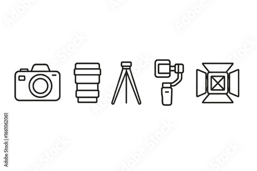Cinematography Equipment Outline Icons Set. Camera Body, Lens, Tripod, Gimbal Stabilizer, Matte Box. Film Production Tools. Vector Illustration for Video Shooting, Filmmaking, Photography Studio