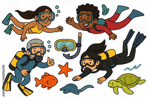 Set of diverse cartoon characters scuba diving and snorkeling. Underwater activity with kids and adults, diving gear, fish, turtle, starfish. Vector illustration collection.
