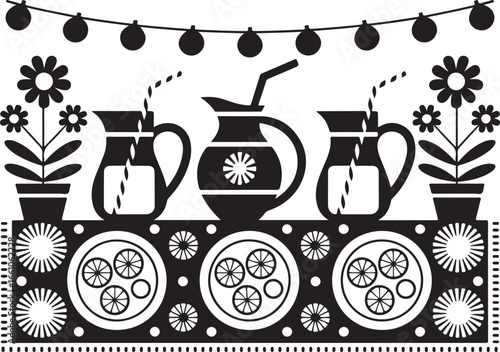 A stylized black and white illustration of a festive party table with pitchers of lemonade, flowers, and decorations.