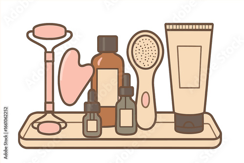Skincare routine flat vector illustration. Beauty products set with jade roller, gua sha, serum, and cleansing brush. Minimalist cosmetic icons for self-care and facial massage.