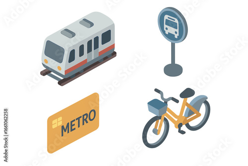 Isometric urban city commuting icons set - subway train, bus stop sign, metro transit card, bike sharing bicycle. Modern smart public transport essentials vector illustration for city travel mobility