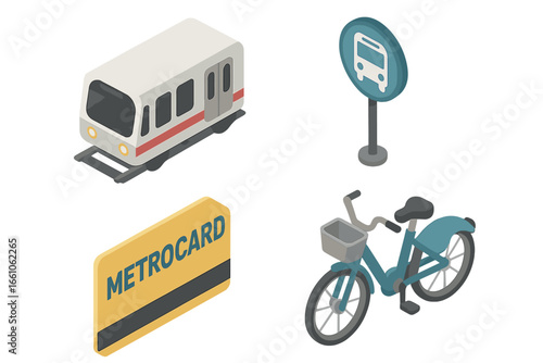 Isometric City Commuting Icons Set: Subway Train, Bus Stop Sign, MetroCard, Bicycle Share, Urban Transport Essentials, Public Transit Pass, Bike Rental, Modern Metropolitan Travel Concept Vector