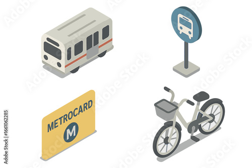 Isometric City Commuting Essentials Icons Set—Subway Train, Bus Stop, MetroCard, Bike Share, Urban Public Transport, Modern Transit, Sustainable City Mobility, Vector Illustration