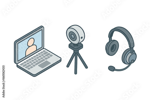 Teletherapy isometric icon set. Online therapy laptop with video call, webcam on tripod, headset with microphone. Remote counseling, virtual meeting equipment. Digital mental health concept vector.