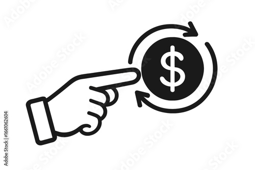Cashback, money refund icon. Hand pointing at a dollar coin. Financial transaction, currency exchange, payment concept. Return on investment, cash flow, circulation. Business finance vector.
