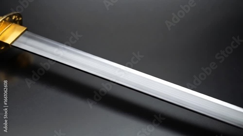 Detailed Close Up of a Red and Gold Katana Sword with Dragon Design on a Black Background Featuring Intricate Details and Traditional Japanese Craftsmanship