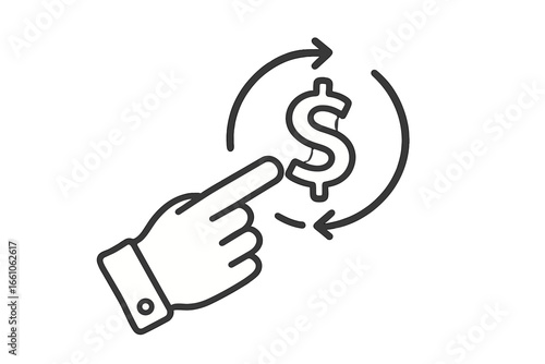 Cash flow icon with hand pointing at dollar sign. Financial concept for transaction, recurring payment, subscription, refund, cashback, money circulation. Minimalist vector cartoon.