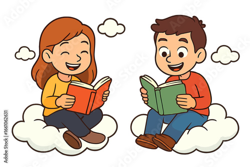 Cheerful kids reading books on clouds, happiness, imagination, learning, education, childhood, whimsical fantasy, literacy, students, cartoon characters, joyful study, vector illustration