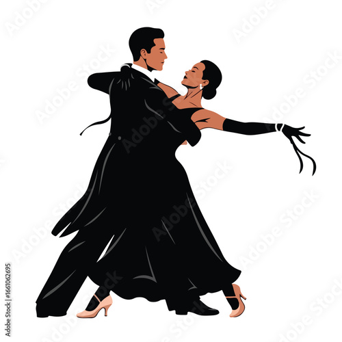 Elegant ballroom dance couple in formal attire performing a waltz on a white background stage setting