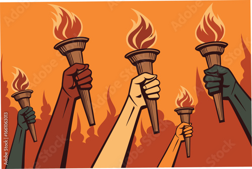 Empowering hands clutch illuminated torches against the dark, urban night, a symbol of defiance and collective action.