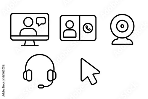 Telemedicine icons set. Outline vector symbols of telehealth consultation, video call, online healthcare services, computer screen, webcam, headset, cursor pointer. Remote doctor session.