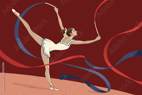 Athlete gracefully twirls vibrant flowing ribbon mid-air, rhythmic gymnastics artistry, dynamic motion, stunning performance.