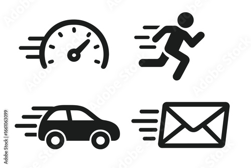 Speed and Efficiency Concept Vector Icons Set for Movement, Fast Delivery, Quick Services, Rapid Transportation, Express Mail, Running, Driving, High-Speed Performance Isolated Cartoon Collection