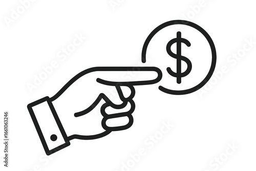 Hand pointing at dollar sign coin icon. Financial concept for payment, transaction, price, and salary. E-commerce and business symbol. Vector line art cartoon illustration.