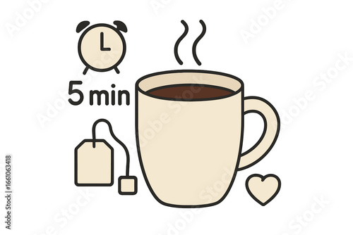 Tea brewing instruction icon set. Hot beverage steeping time 5 minutes. Mug with teabag, clock, steam and heart symbols. Cozy drink preparation guide vector illustration.
