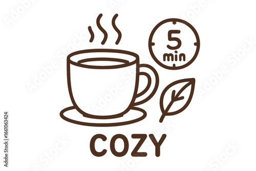 Hot tea brewing instructions icon. Cozy cup of warm beverage with steam. 5 minute timer for steeping tea leaf. Minimalist line art vector illustration for packaging or menu design.