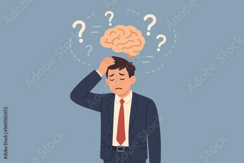 Memory loss and dementia concept. Confused businessman with brain fog, forgetting things. Alzheimer's disease, cognitive illness and mental health problem vector illustration.
