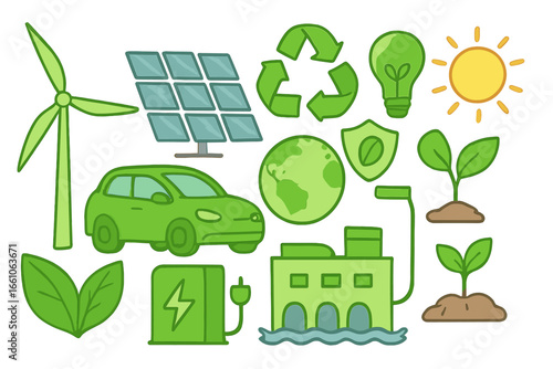Renewable energy icon collection. Green technology and sustainability concepts. Wind turbine, solar panel, electric car, recycle, hydro power. Eco friendly environment conservation.
