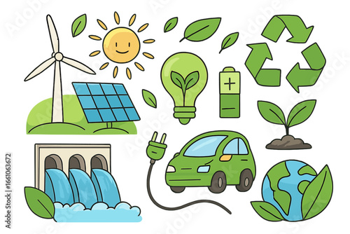 Set of renewable energy icons. Green technology concepts like wind turbine, solar panel, electric car, and hydro power. Eco friendly sustainability and ecology vector symbols.