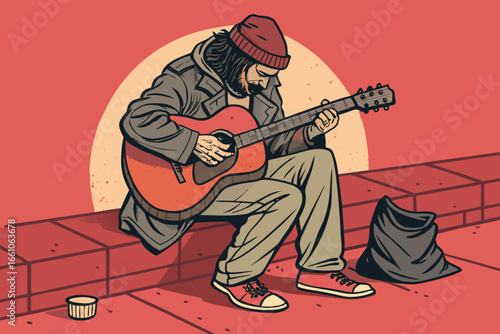 A weathered homeless man plays a worn acoustic guitar on a bustling city street, seeking donations from passersby.