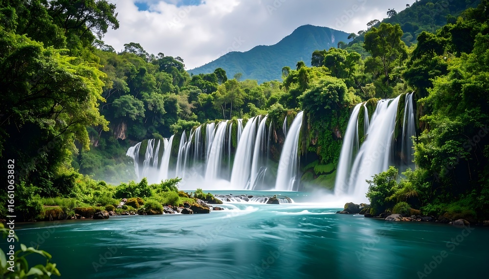 Fototapeta premium Lush waterfall cascading into a turquoise pool, surrounded by vibrant greenery and mountains