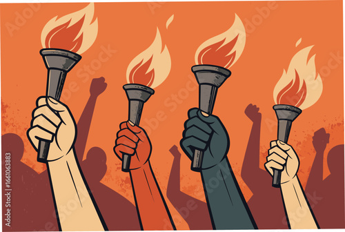 Flat bold illustration, hands holding blazing torches, night protest, strong visual, social justice, freedom, unity, defiance.