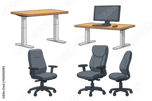 Ergonomic office furniture set for a modern workspace. Adjustable height standing desk and ergonomic chair for comfort, productivity and good posture. Vector illustration isolated.