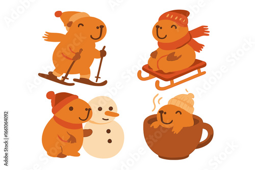 Cute capybara character set enjoying winter. Funny animal skiing, sledding with snowman, relaxing in hot chocolate. Adorable rodent cartoon vector collection for cozy seasonal design.