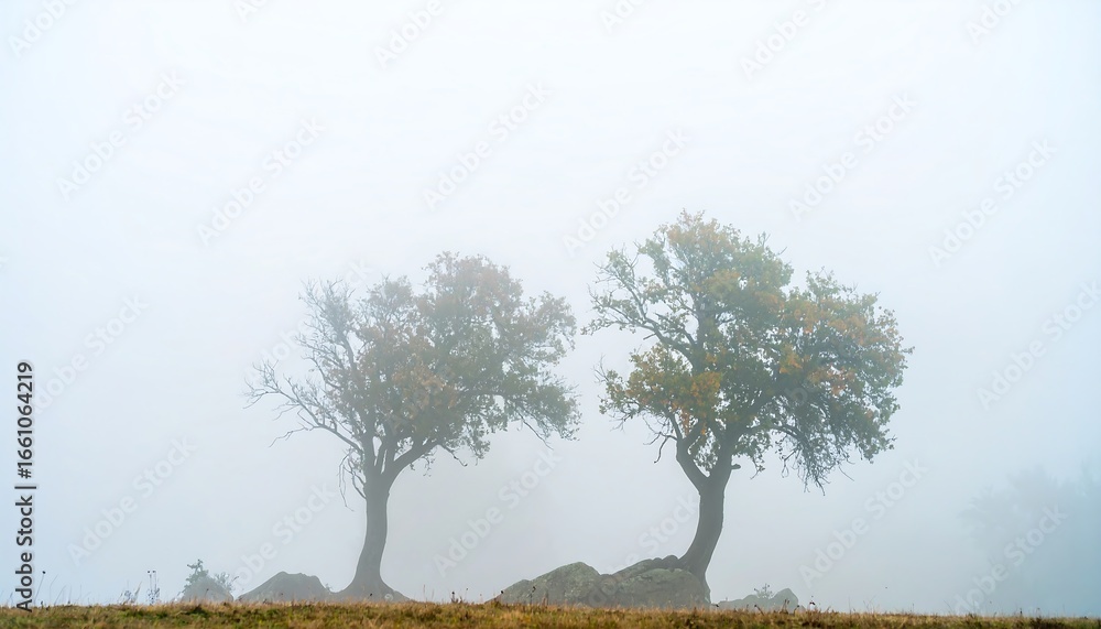 Obraz premium Two trees silhouetted by the fog create an atmosphere of mystery and tranquility