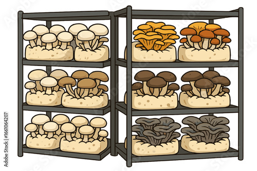 Mushroom farm cultivation with different edible fungi species growing on shelves. Mycology and agriculture concept. Indoor vertical farming with mycelium substrate blocks. Vector.