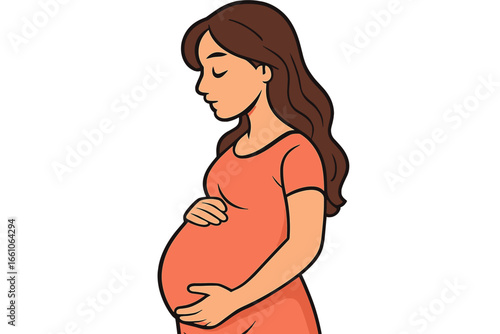 Pregnant woman holding her belly. Maternity and motherhood concept. Serene future mother expecting a baby. Vector cartoon illustration of pregnancy, love, and new life.