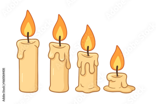 Burning candle progression vector set. Stages of a candle melting, from new to burnt out. Cartoon illustration of a candle's life cycle. Concept of time passing, memory, or peace.