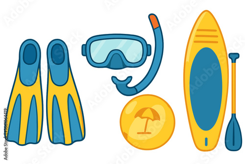 Vector set of summer water sports equipment. Snorkeling mask, fins, stand up paddleboard, and beach ball for sea vacation. Diving and swimming accessories cartoon illustration.