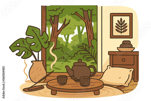 Cozy room with tea ceremony set, incense for aromatherapy and meditation. Relaxing home interior with window view on a forest. Zen, hygge and slow living for mental health.