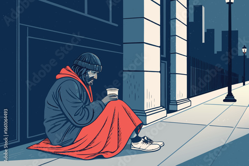 A solitary homeless man sits with a worn blanket, a stark symbol of urban struggle on a cold city sidewalk.