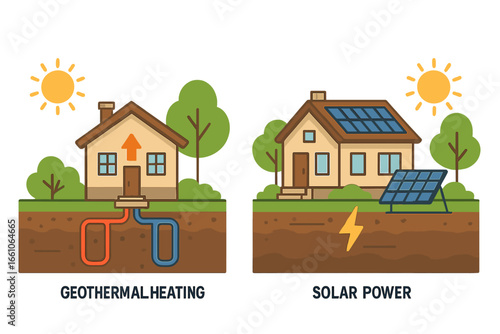 Geothermal heating and solar power vector illustration set. Renewable energy concepts for a residential house. Sustainable eco friendly green technology system diagram. Heat.