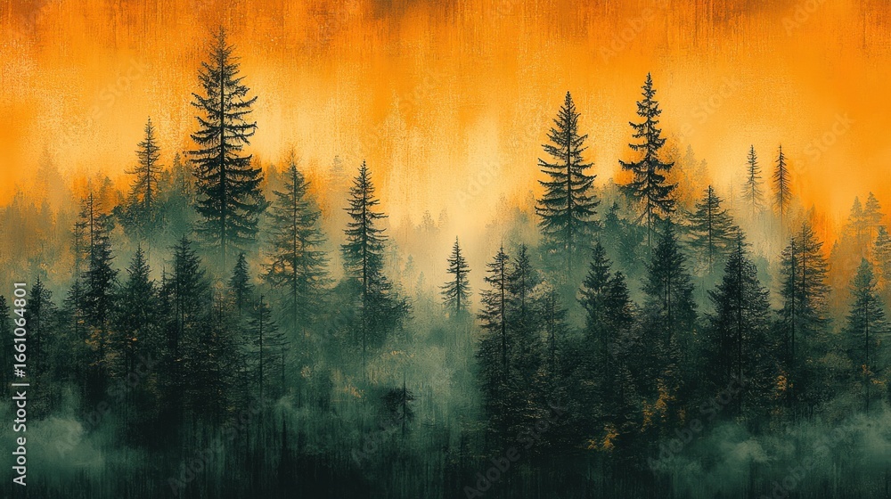 Obraz premium Trees in the foreground are covered in mist and orange