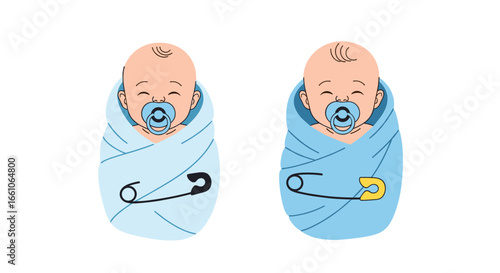Adorable baby twins wrapped in blue blankets with pacifiers and safety pins, symbolizing new life and care