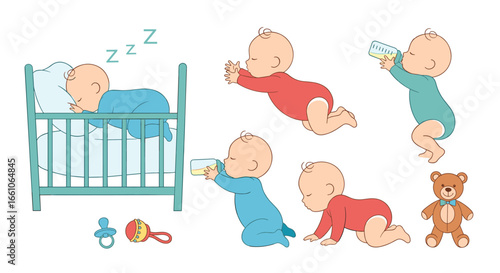 Adorable babies in various developmental stages, from sleeping to crawling and drinking, with toys