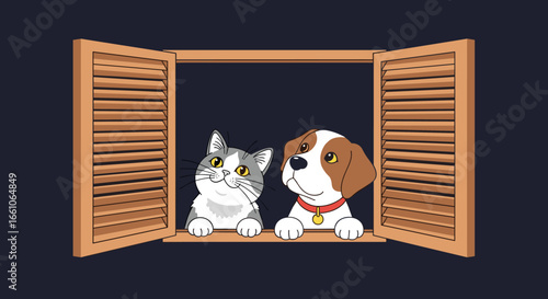 Curious cat and dog peek through open window shutters at night, seeking adventure and companionship.
