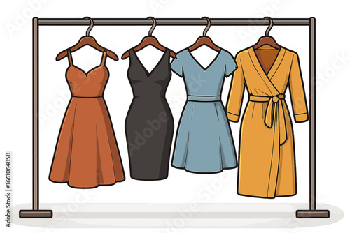 Variety of women's dresses on hangers. Fashion collection on a clothing rack. Concept for boutique, shopping, retail or personal wardrobe. Vector illustration of different styles.