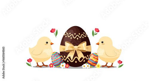 Adorable yellow chicks celebrate Easter with festive decorated eggs and chocolate treats surrounded by spring blooms