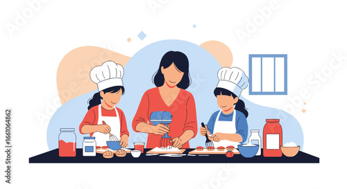 Joyful mother and daughters baking together, creating sweet memories in the kitchen, culinary fun