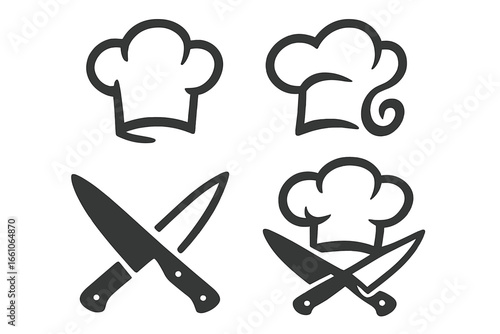 Chef hat and crossed knives vector icons. Culinary symbol collection for restaurant logo, kitchen emblem, or cooking school brand. Minimalist graphic for food or gourmet menu.