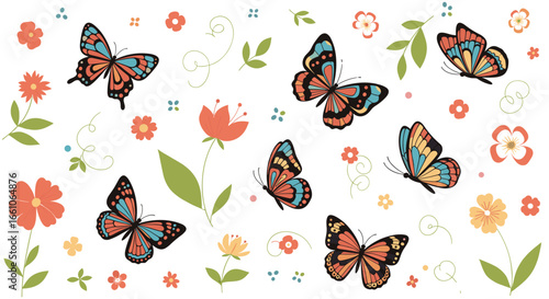 Vibrant butterflies dance among colorful flowers, bringing spring's joyful essence to any design project.