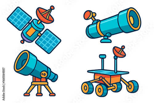Space exploration tools vector set. Cartoon satellite, telescope, and Mars rover icons. Astronomy science and technology graphic elements. Cute discovery illustrations isolated.